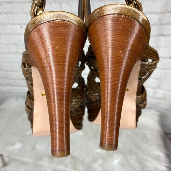 Prada Women's Brown Designer Braided Leather Strappy Luxury Heels IT 37.5 / US 7 - Picture 12 of 17